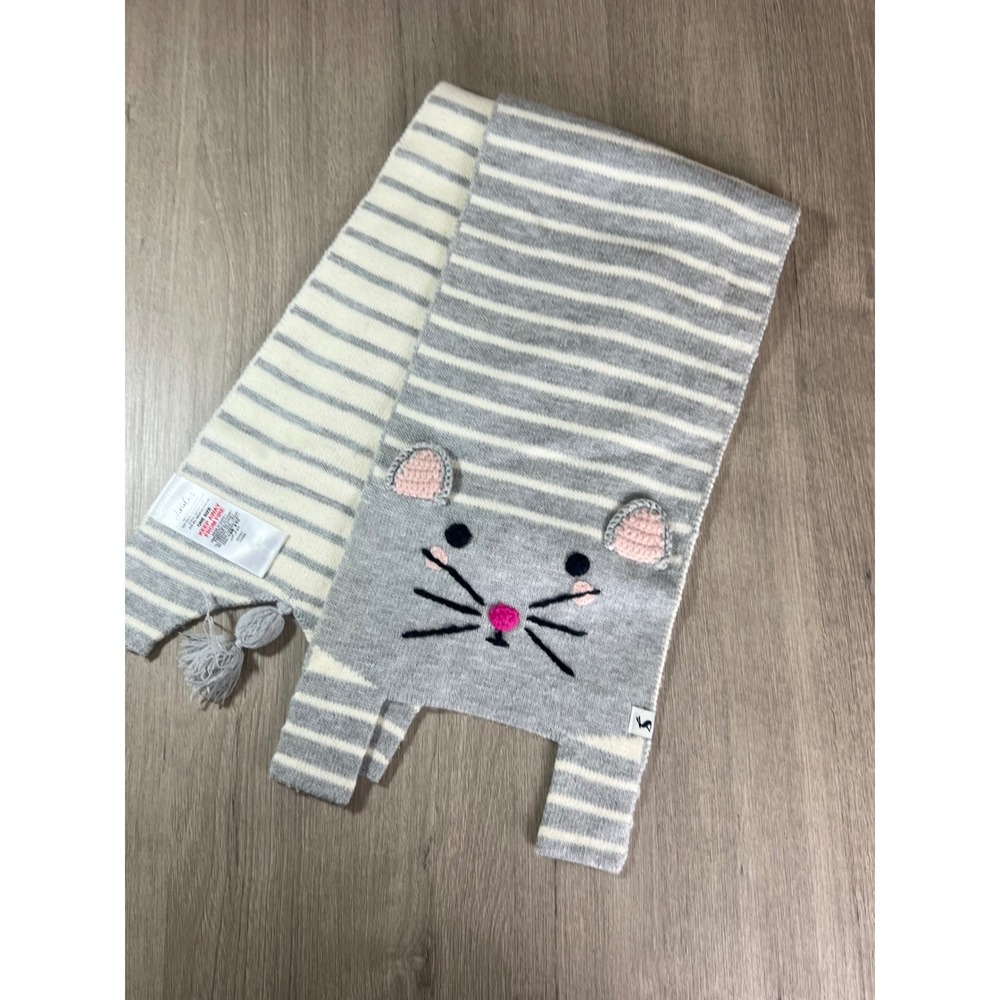 Joules Chummy Scarf Grymouse Grey White Striped Mouse Knit Animal Scarf 215308
